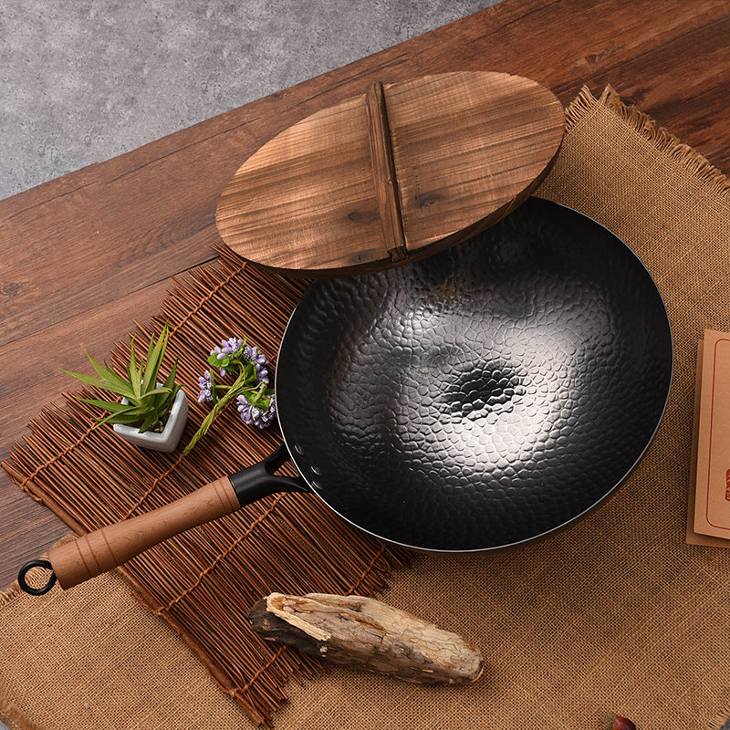 Professional Hand Hammered Chinese Cast Iron Non Stick Wok Carbon Steel Reinforced Pan