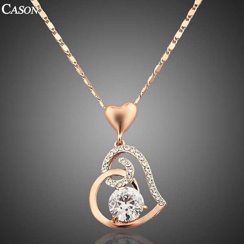 Womens Love Heart Chain Necklace Crystal 18K Rose Gold Plated Swarovski Fashion