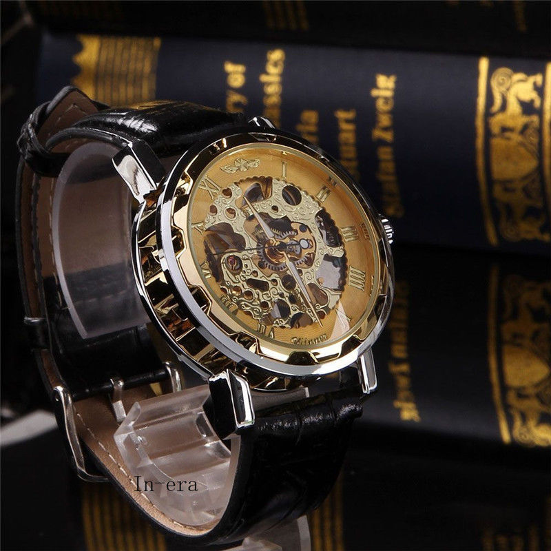 Classy Men's Gold Dial Skeleton Black Leather Mechanical Sport Army Wrist Watch