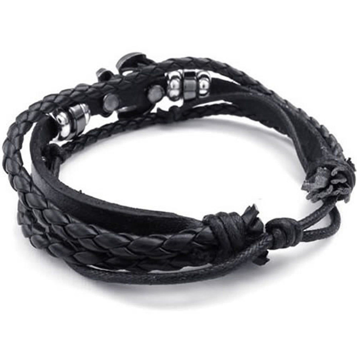 Men's Alloy Leather Bracelet Anchor Charm Bangle Adjustable Black