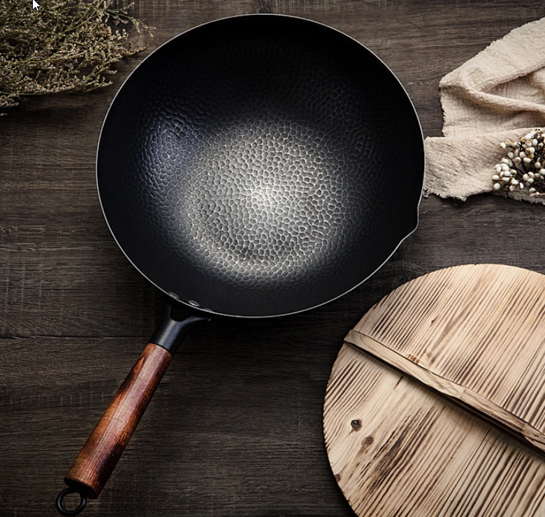Professional Hand Hammered Chinese Cast Iron Non Stick Wok Carbon Steel Reinforced Pan