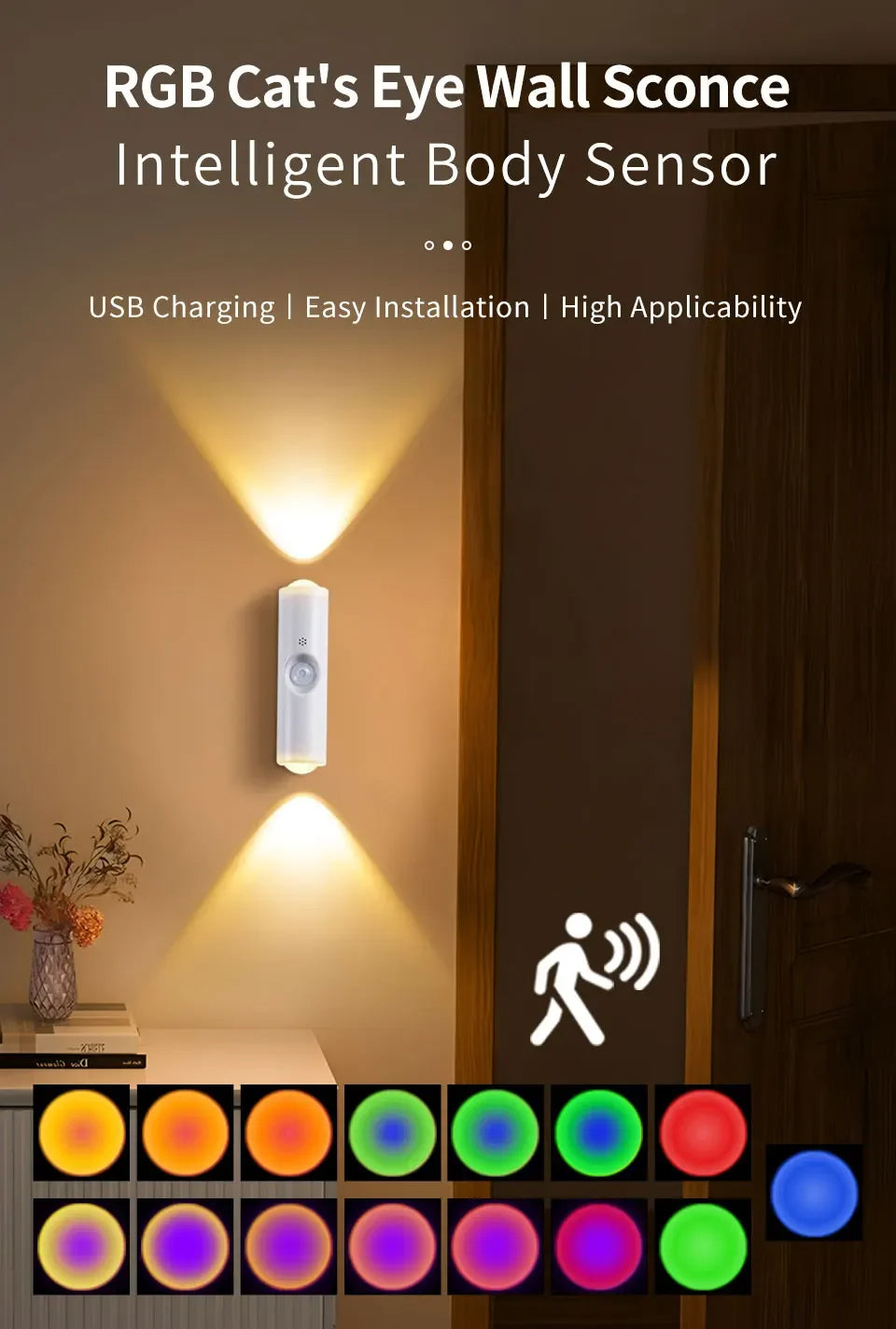 Motion Sensor Night Light – Indoor & Outdoor Sconce Diffused Lighting Lamp (Battery Operated, RGB LED)