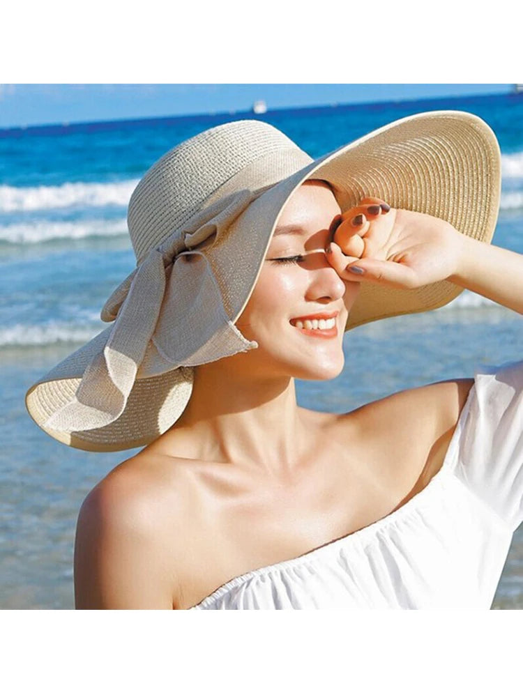 Womens Wide Brim Straw Bow Sun Hat – Lightweight, Breathable & Summer Ready