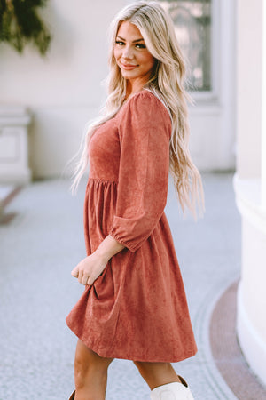 Brown Suede Square Neck Puff Sleeve Dress