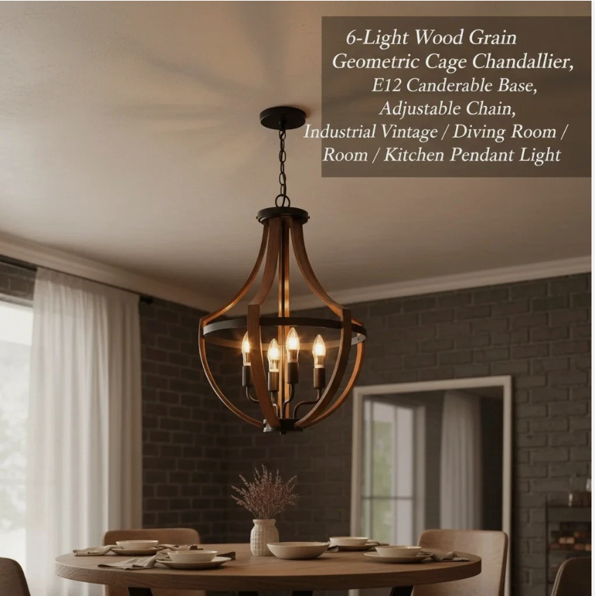 Farmhouse Wooden Chandelier Lighting Fixture Pendant Light Hanging Lamp