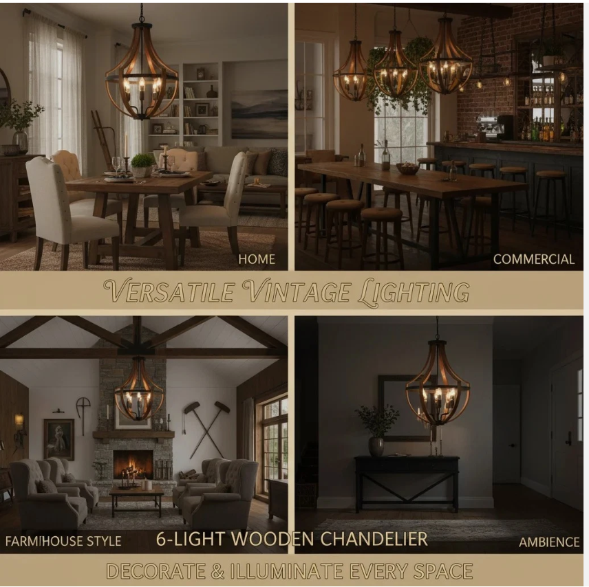 Farmhouse Wooden Chandelier Lighting Fixture Pendant Light Hanging Lamp