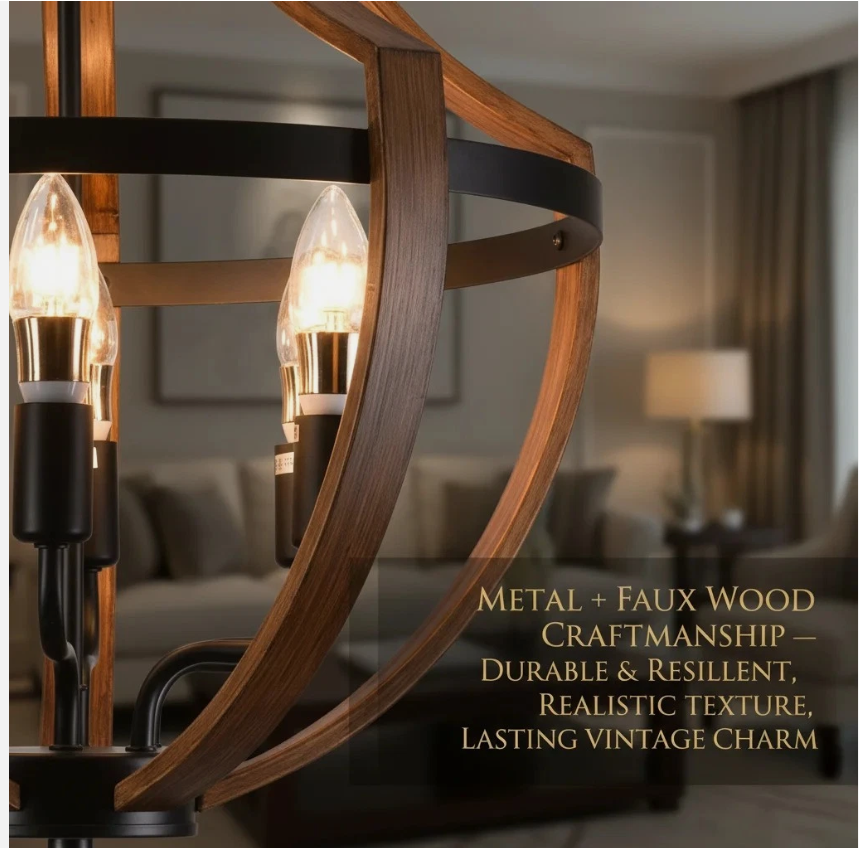 Farmhouse Wooden Chandelier Lighting Fixture Pendant Light Hanging Lamp