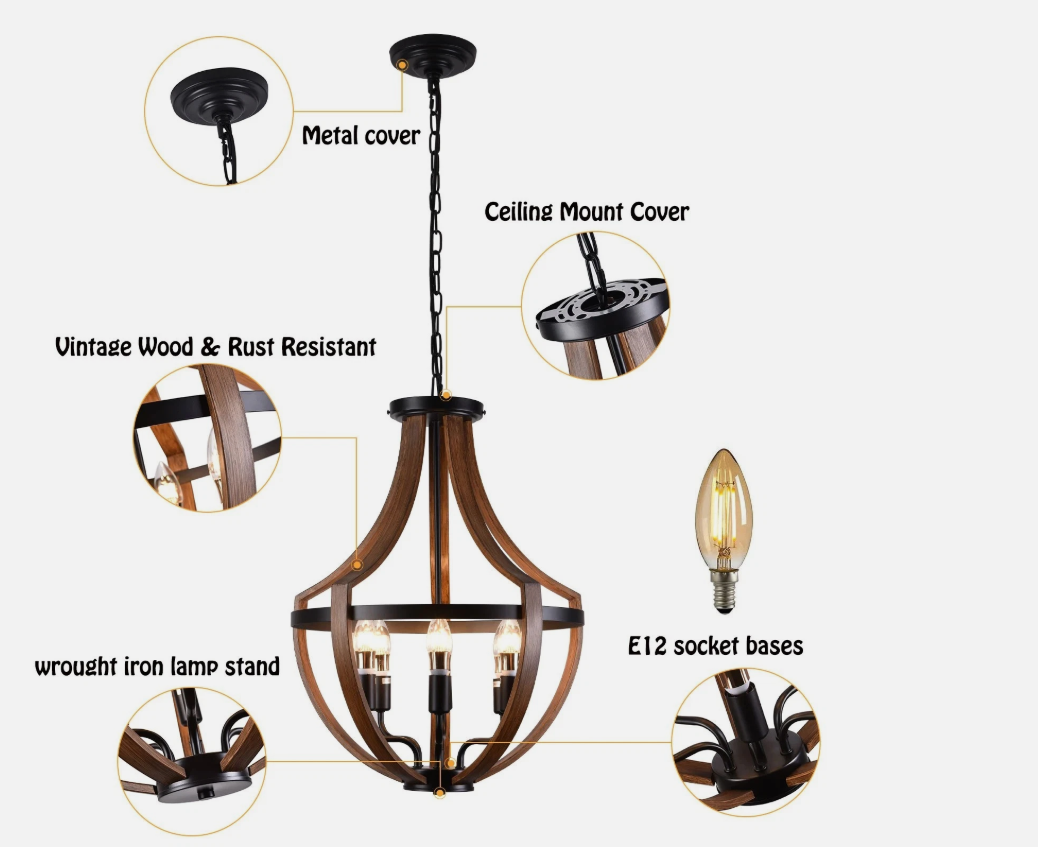 Farmhouse Wooden Chandelier Lighting Fixture Pendant Light Hanging Lamp