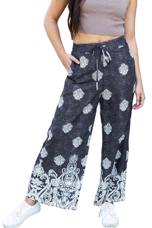 Black Bohemian Printed Drawstring Waist Wide Leg Pants