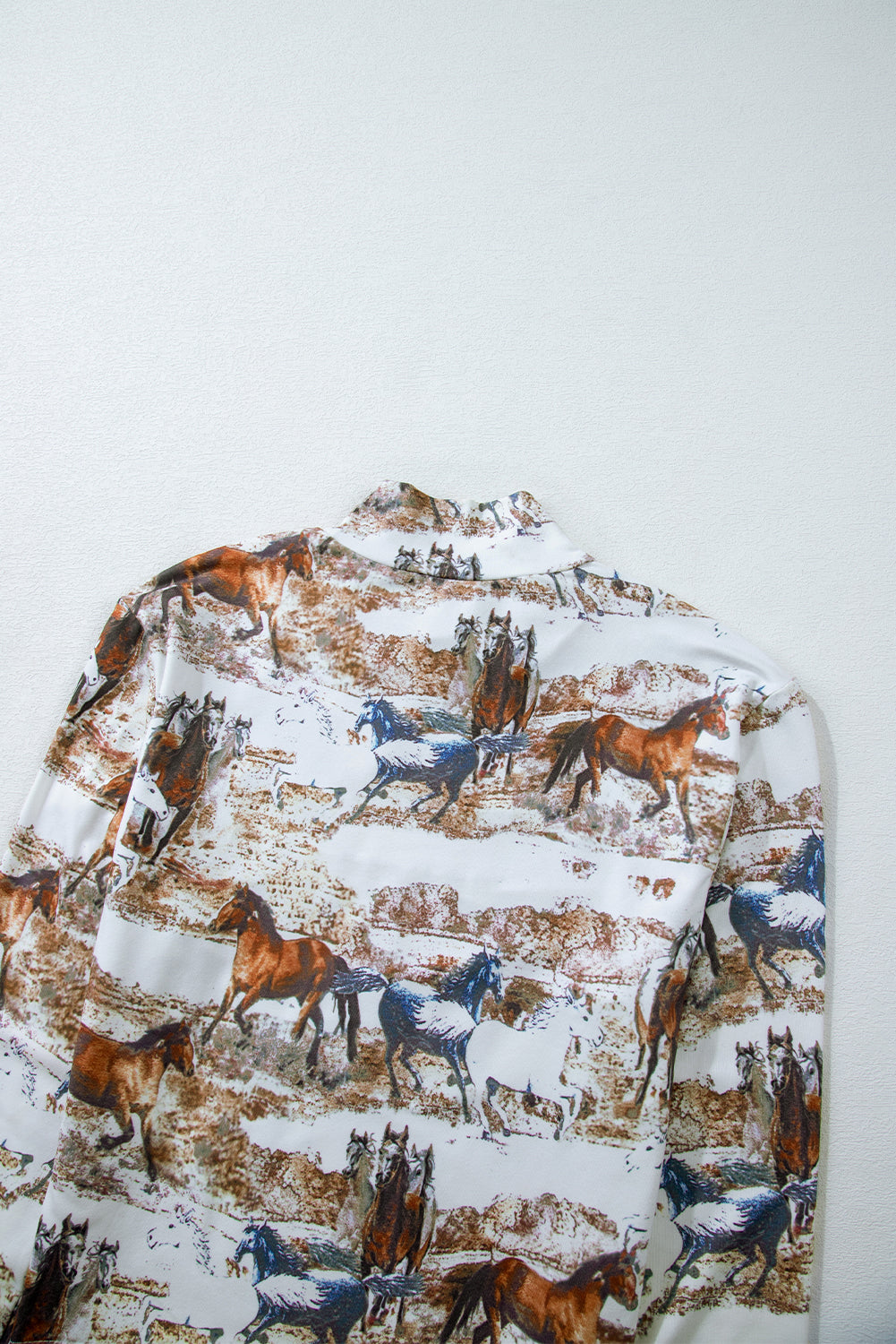 Brown Western Wild Horses Print Hollow-out High Neck Top