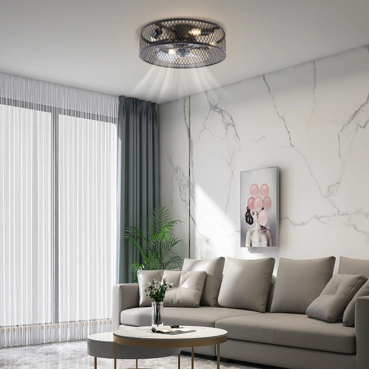 Farmhouse Industrial Caged Fan Pendant Light With Remote Control