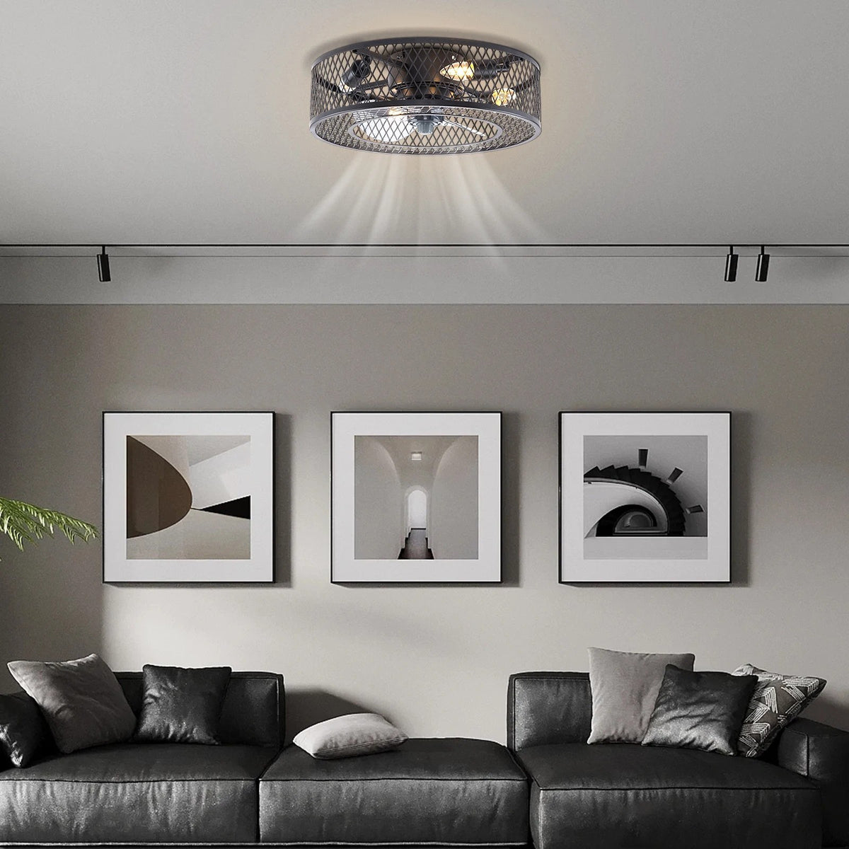 Farmhouse Industrial Caged Fan Pendant Light With Remote Control
