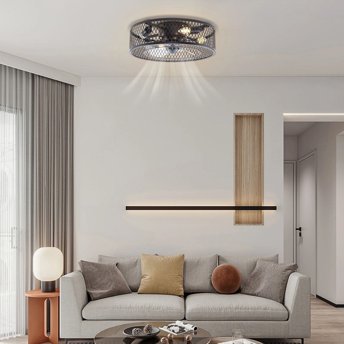 Farmhouse Industrial Caged Fan Pendant Light With Remote Control