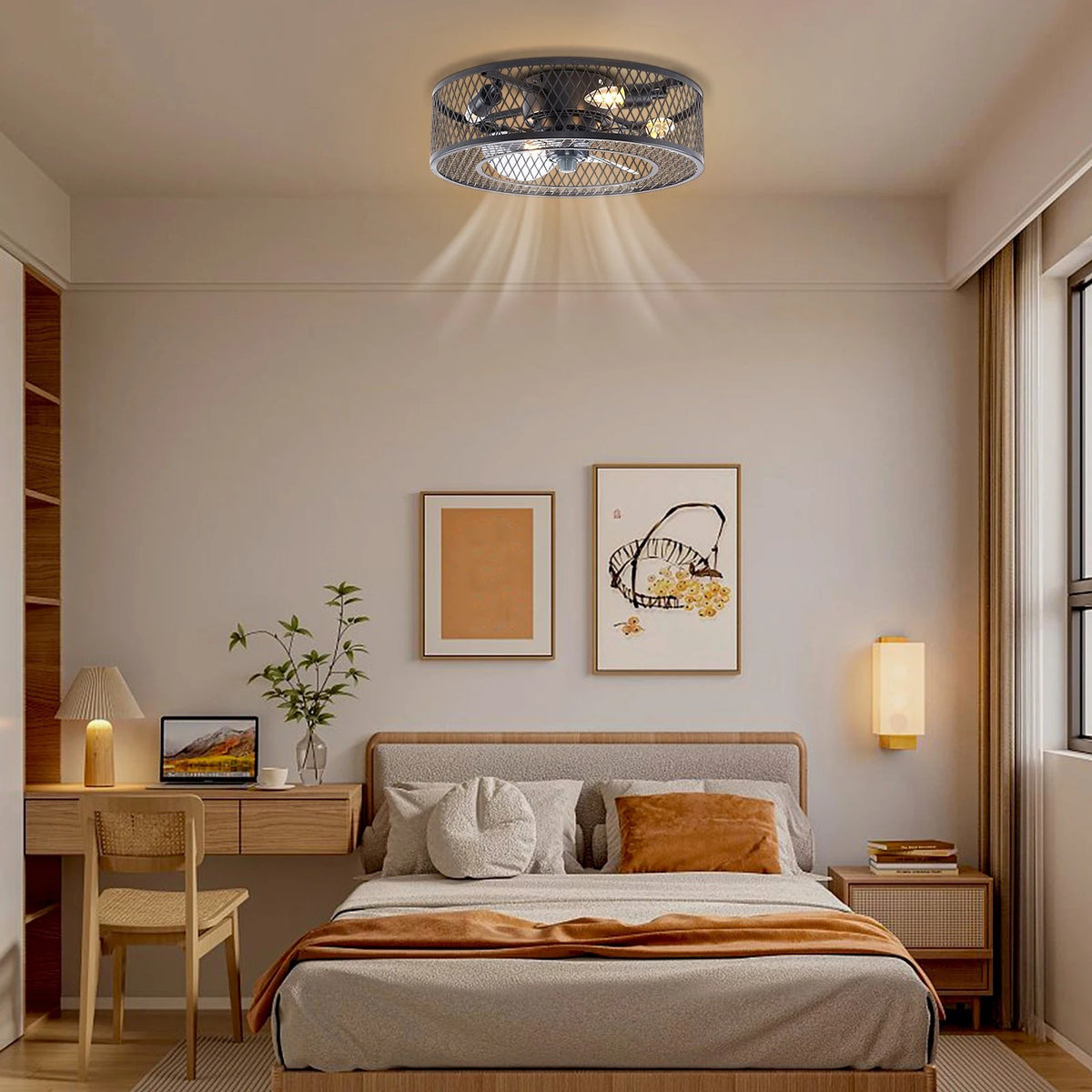 Farmhouse Industrial Caged Fan Pendant Light With Remote Control