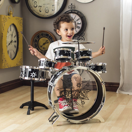 Kids Toy Musical Instrument 11 Piece Kids Drum Set W/ Stool, Drumsticks