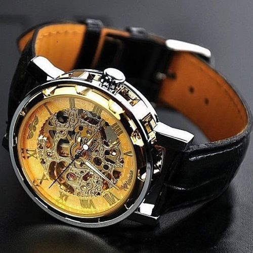 Classy Men's Gold Dial Skeleton Black Leather Mechanical Sport Army Wrist Watch