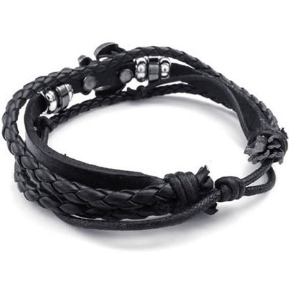 Men's Alloy Leather Bracelet Anchor Charm Bangle Adjustable Black
