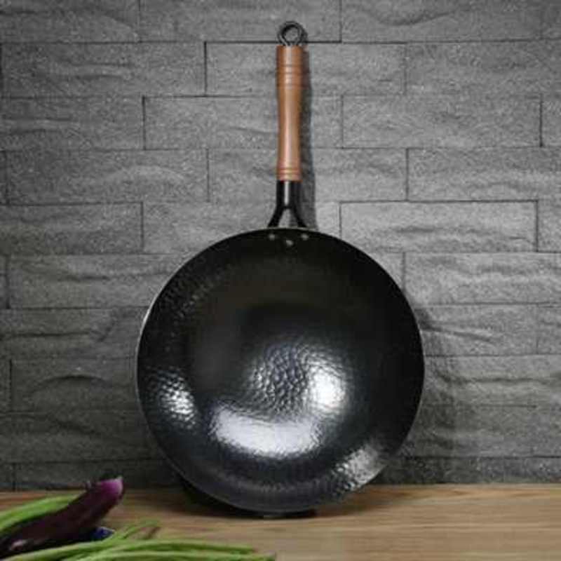 Cast Iron Wok Traditional Chinese Hammered Woks Stir-fry Pans Non